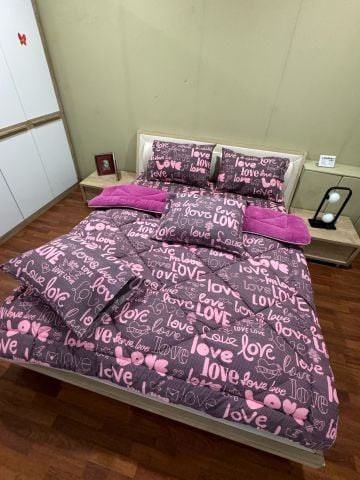 Çift Kişilik Welsoft Pufidik Uyku Seti Mürdüm Love (Lastikli Çarşaflı)