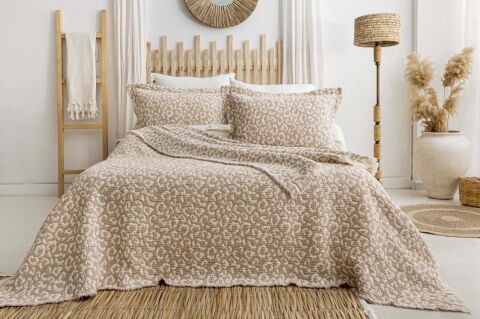 Battal Boy Müslin Yatak Örtüsü Seti Leopar Bej