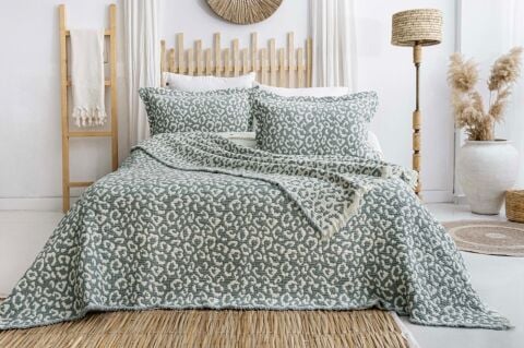 Battal Boy Müslin Yatak Örtüsü Seti Leopar Turkuaz