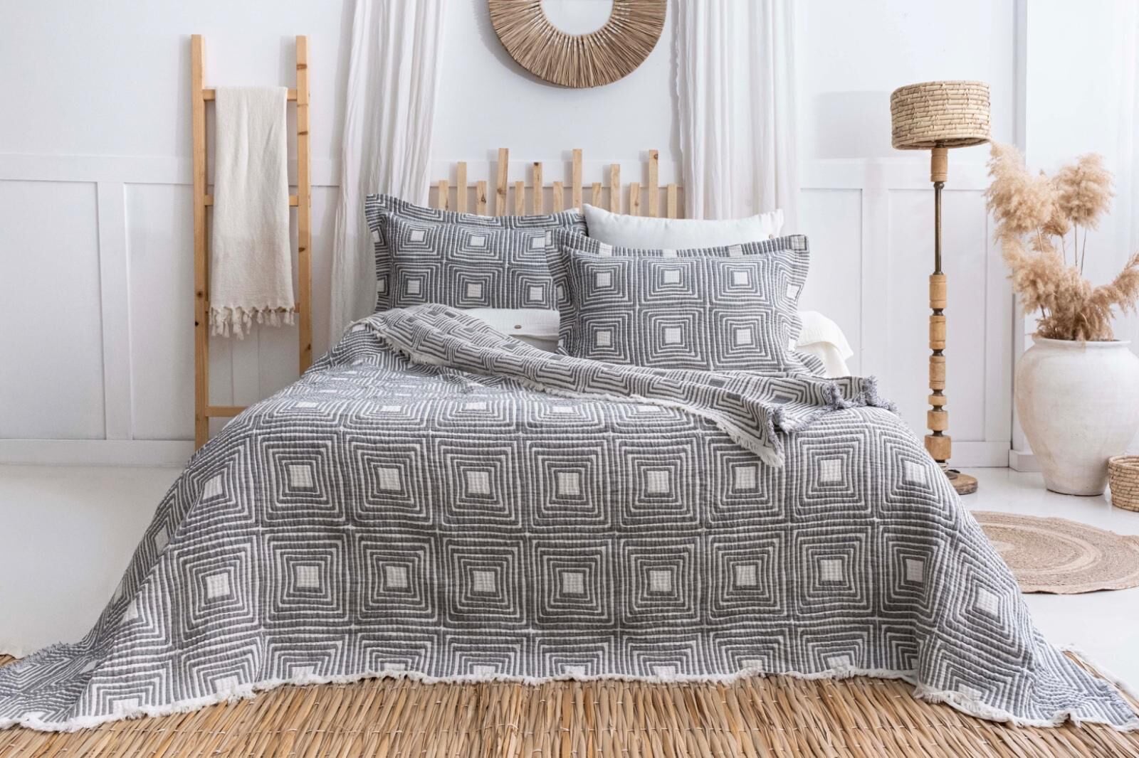 Battal Boy Müslin Yatak Örtüsü Seti Sanco Gri