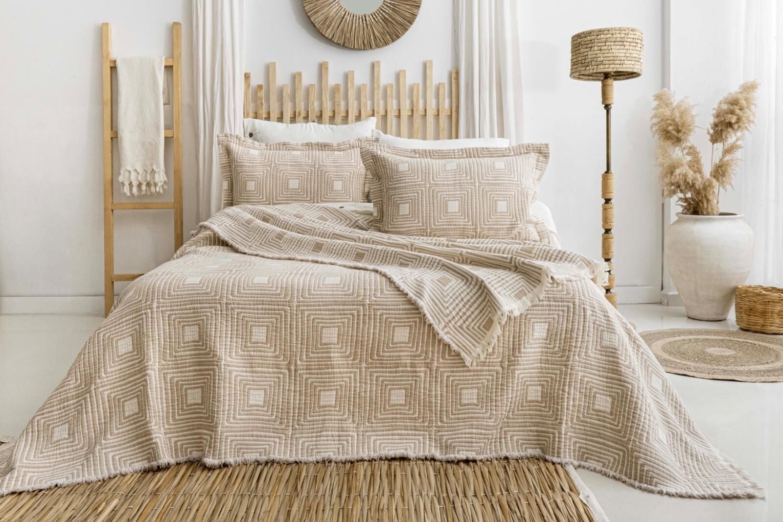 Battal Boy Müslin Yatak Örtüsü Seti Sanco Bej