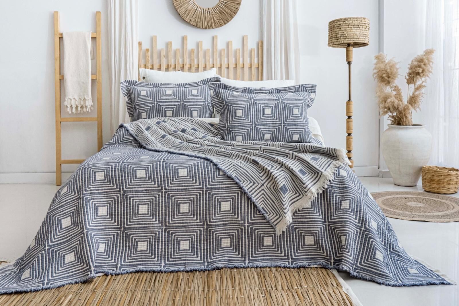 Battal Boy Müslin Yatak Örtüsü Seti Sanco Lacivert