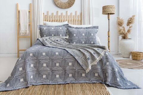 Battal Boy Müslin Yatak Örtüsü Seti Sanco Lacivert