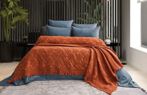 Battal Boy Jakarlı Müslin Yatak Örtüsü Seti Pumila Kiremit