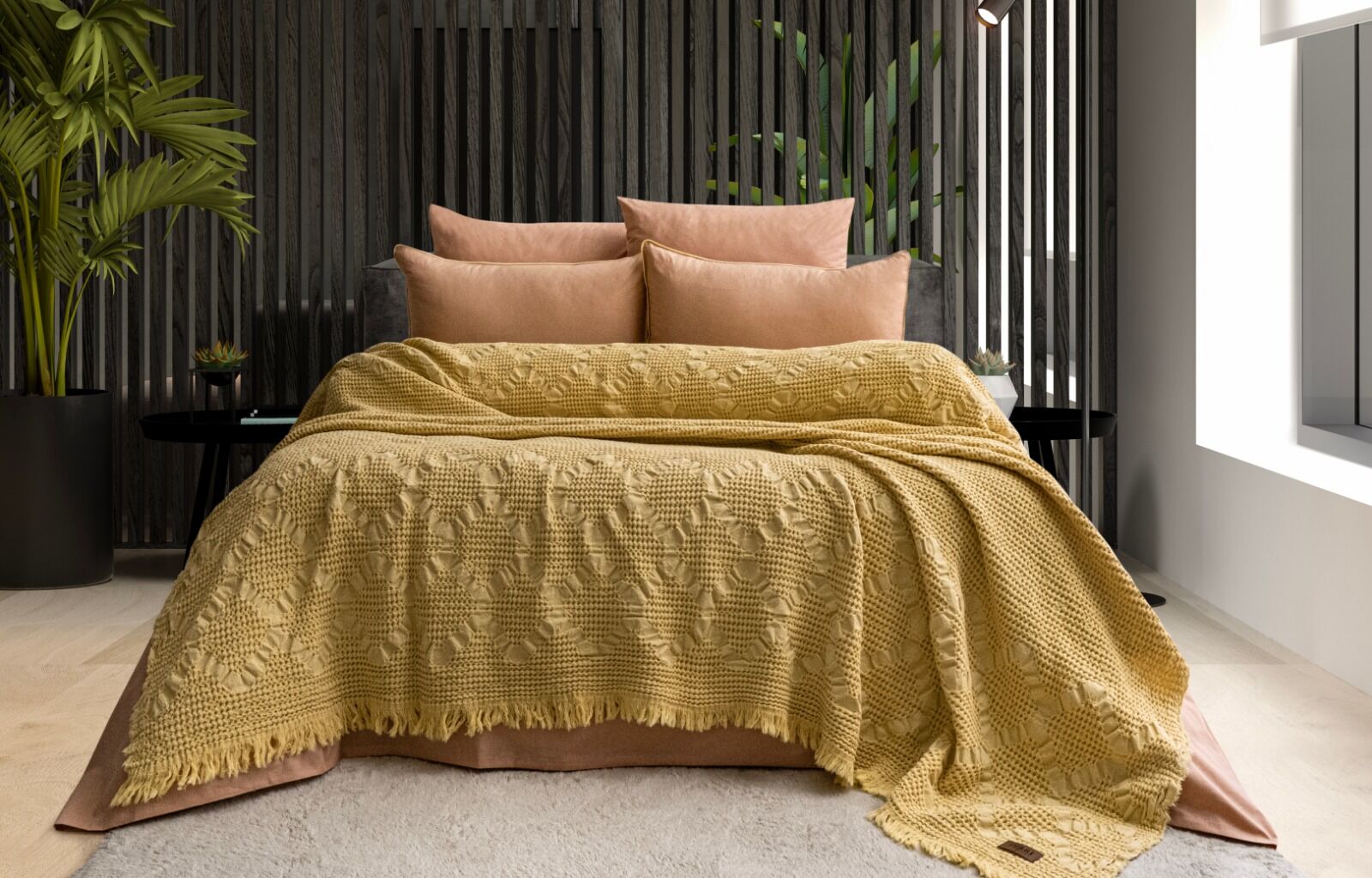 Battal Boy Jakarlı Müslin Yatak Örtüsü Seti Pumila Hardal