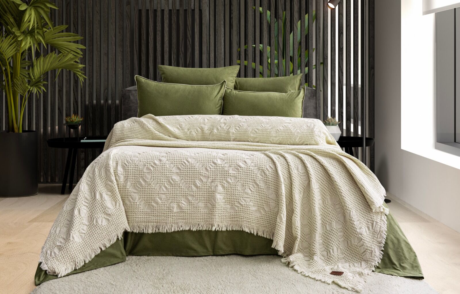 Battal Boy Jakarlı Müslin Yatak Örtüsü Seti Pumila Krem