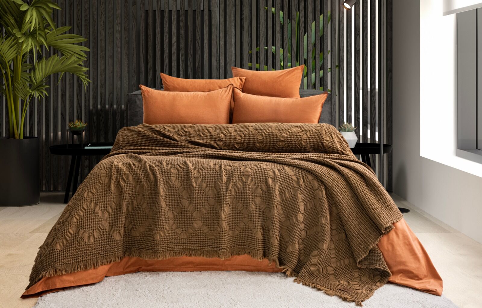 Battal Boy Jakarlı Müslin Yatak Örtüsü Seti Pumila Kahve