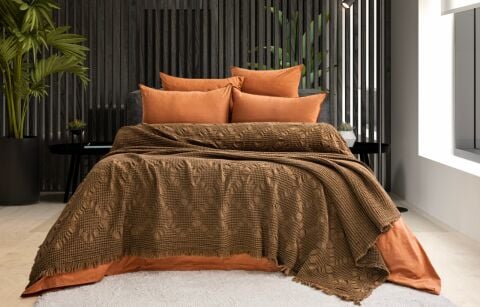 Battal Boy Jakarlı Müslin Yatak Örtüsü Seti Pumila Kahve