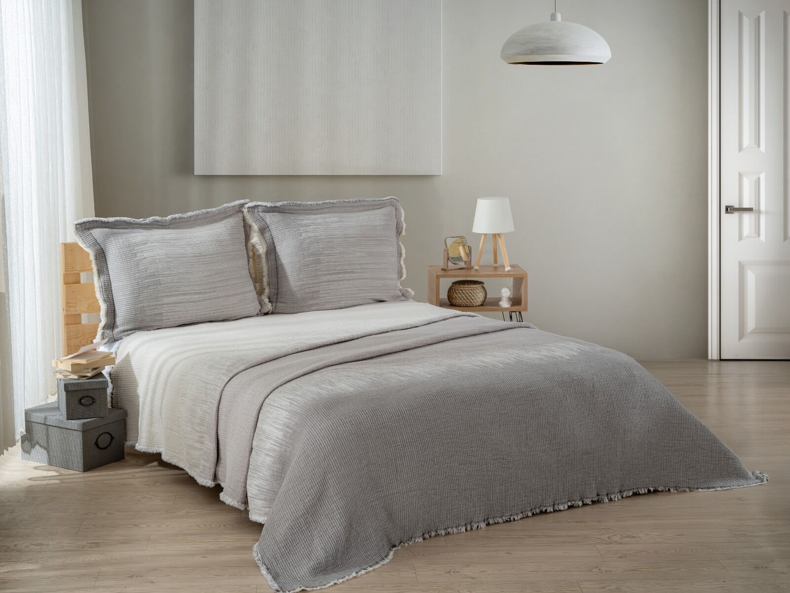 Battal Boy Jakarlı Müslin Yatak Örtüsü Seti Andresan Gri