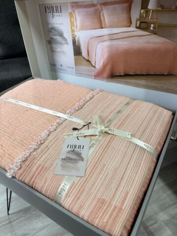 Battal Boy Jakarlı Müslin Yatak Örtüsü Seti Andresan Somon