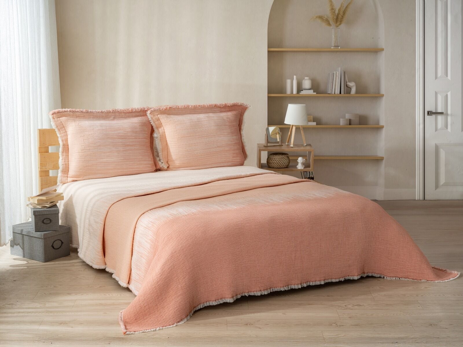 Battal Boy Jakarlı Müslin Yatak Örtüsü Seti Andresan Somon