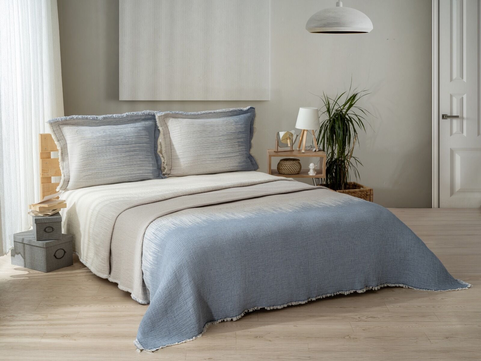 Battal Boy Jakarlı Müslin Yatak Örtüsü Seti Andresan Mavi