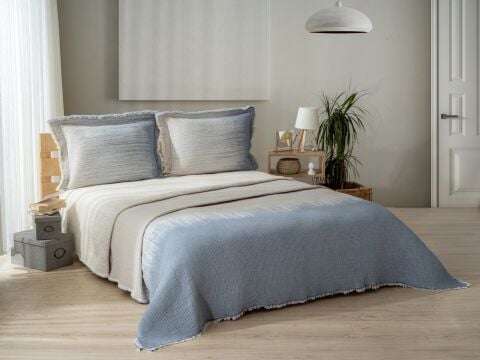 Battal Boy Jakarlı Müslin Yatak Örtüsü Seti Andresan Mavi