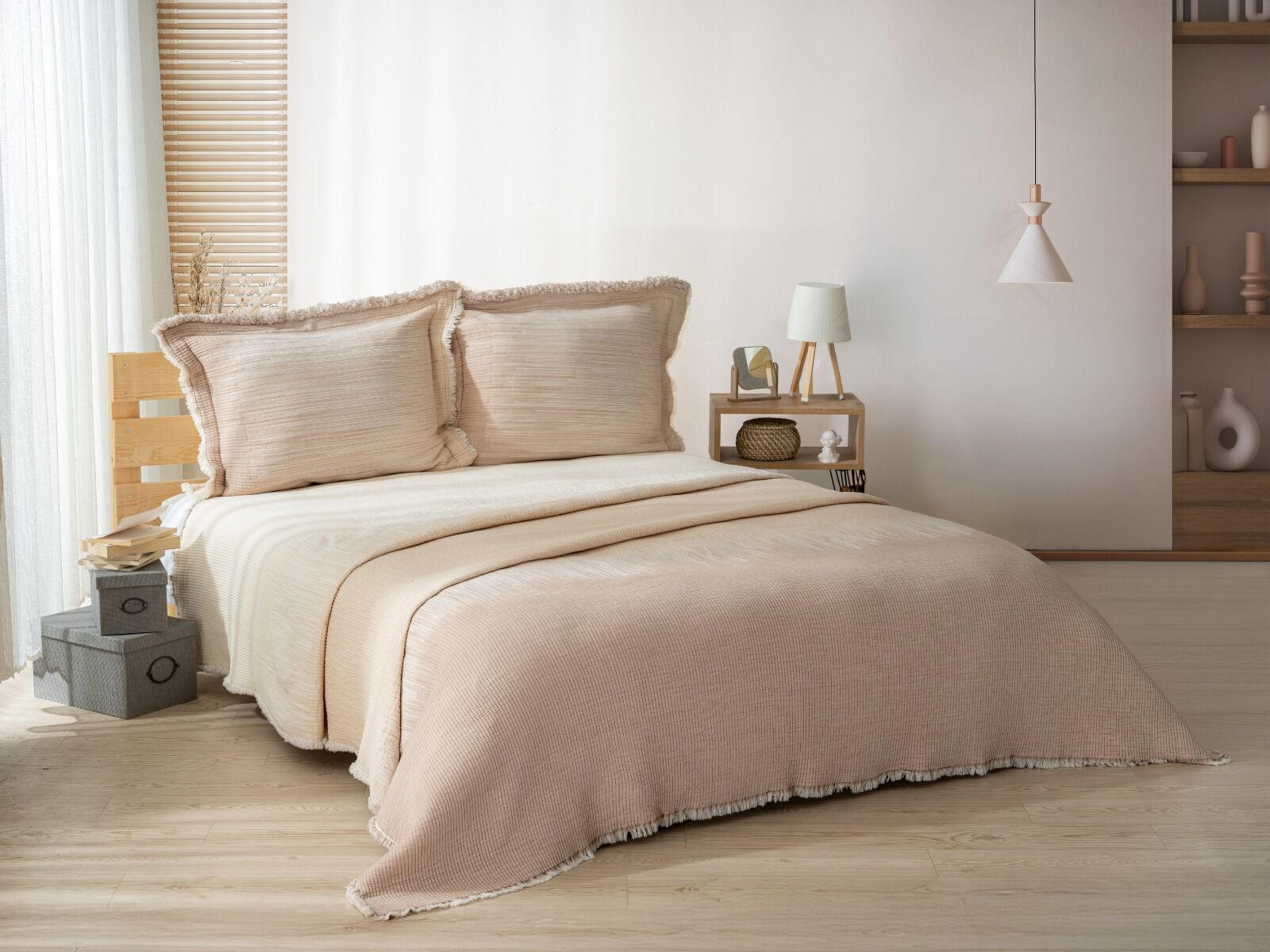 Battal Boy Jakarlı Müslin Yatak Örtüsü Seti Andresan Bej