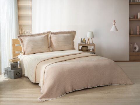 Battal Boy Jakarlı Müslin Yatak Örtüsü Seti Andresan Bej