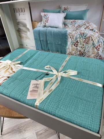 Özel Seri Jakarlı Pikeli Nevresim Takımı Linum Turkuaz