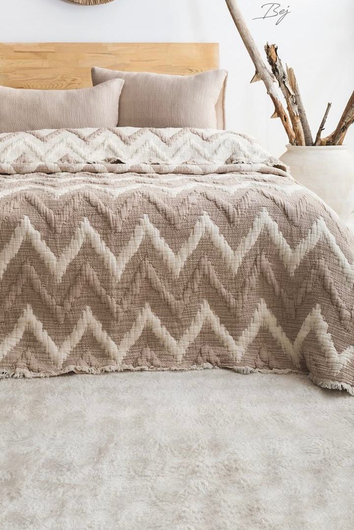 Şaheser Loren Battal Boy Jakarlı 6 kat Müslin Organik Yatak Örtüsü Bej