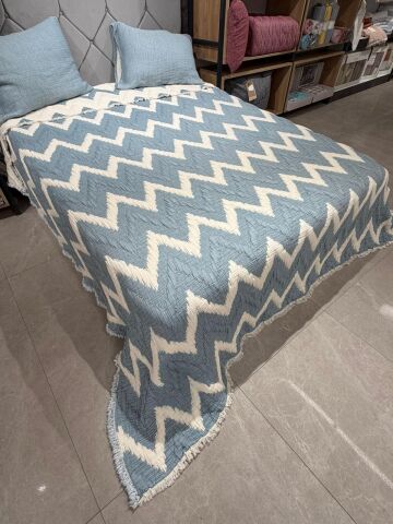 Şaheser Loren Battal Boy Jakarlı 6 kat Müslin Organik Yatak Örtüsü Mavi