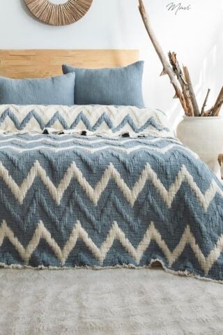 Şaheser Loren Battal Boy Jakarlı 6 kat Müslin Organik Yatak Örtüsü Mavi