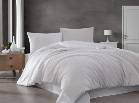 Çizgili Pamuk Saten Nevresim Takımı Çift Kişilik Beyaz