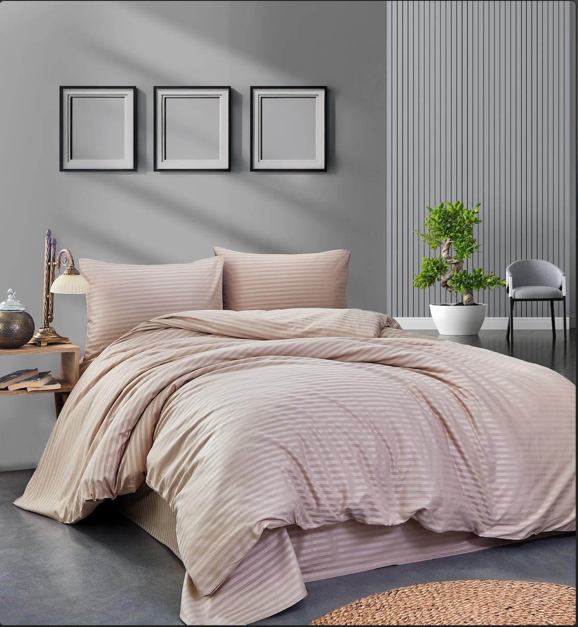 Çizgili Pamuk Saten Nevresim Takımı Çift Kişilik Cappicuno