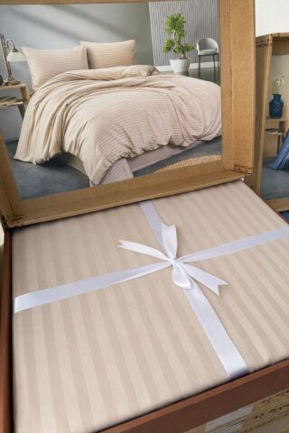 Çizgili Pamuk Saten Nevresim Takımı Çift Kişilik Cappicuno