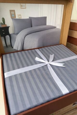 Çizgili Pamuk Saten Nevresim Takımı Çift Kişilik Gri