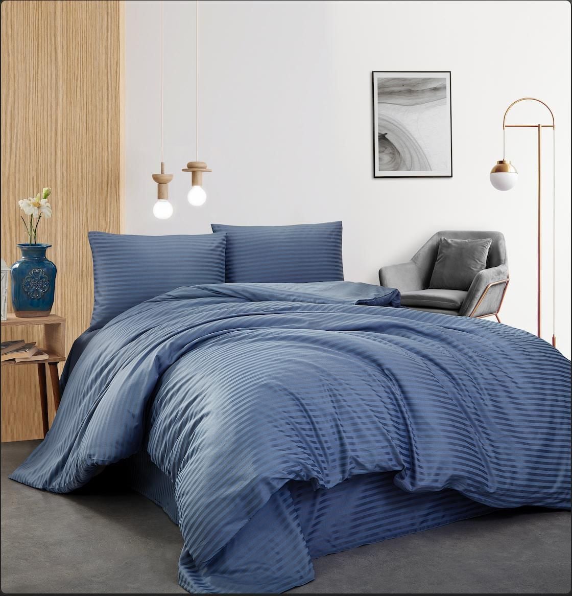 Çizgili Pamuk Saten Nevresim Takımı Çift Kişilik İndigo