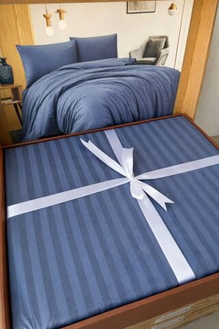 Çizgili Pamuk Saten Nevresim Takımı Çift Kişilik İndigo