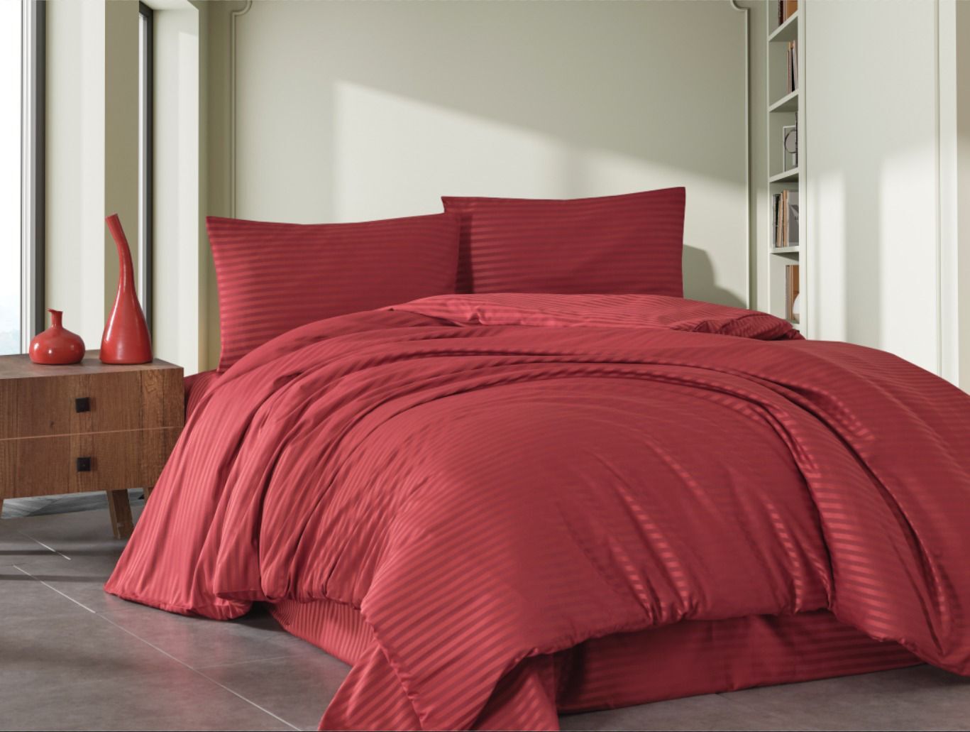 Çizgili Pamuk Saten Nevresim Takımı Çift Kişilik Kırmızı