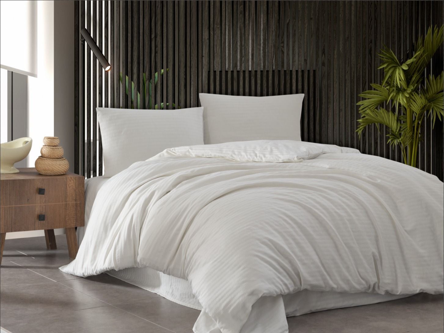 Çizgili Pamuk Saten Nevresim Takımı Çift Kişilik Ekru