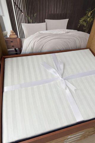 Çizgili Pamuk Saten Nevresim Takımı Çift Kişilik Ekru