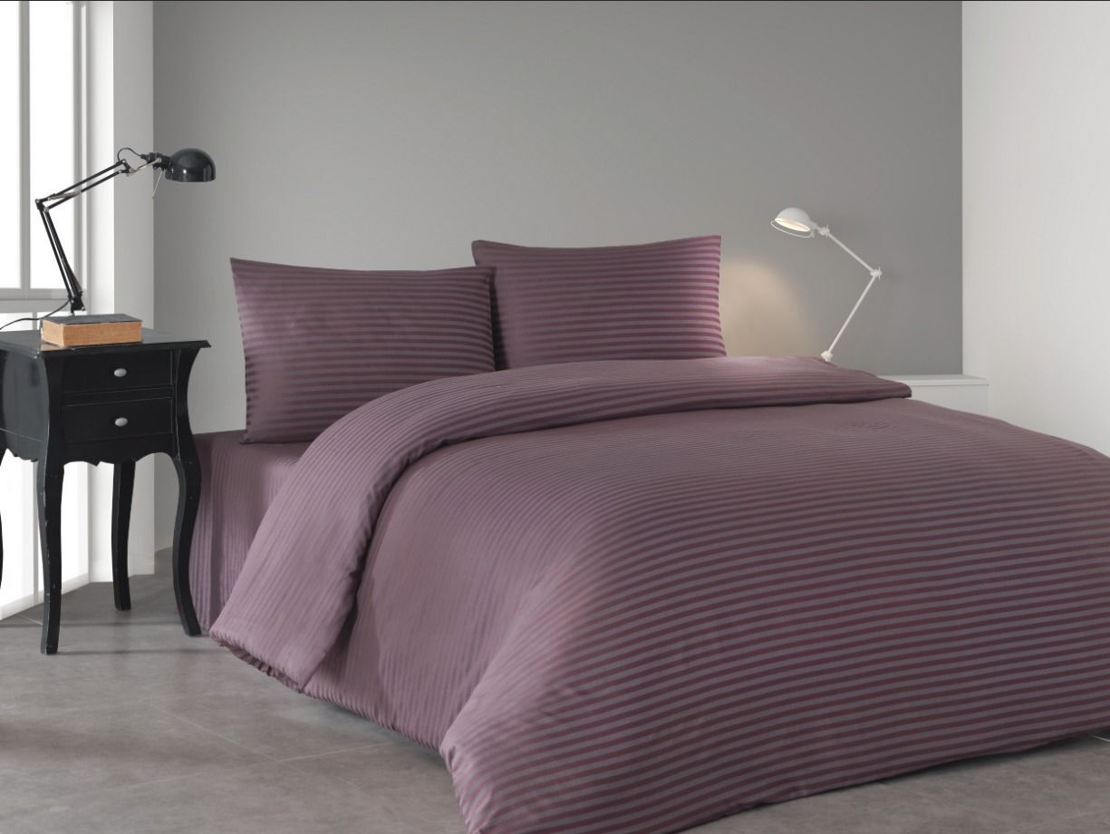 Çizgili Pamuk Saten Nevresim Takımı Çift Kişilik Kül Moru