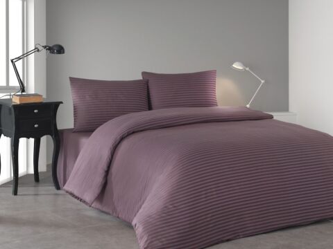 Çizgili Pamuk Saten Nevresim Takımı Çift Kişilik Kül Moru