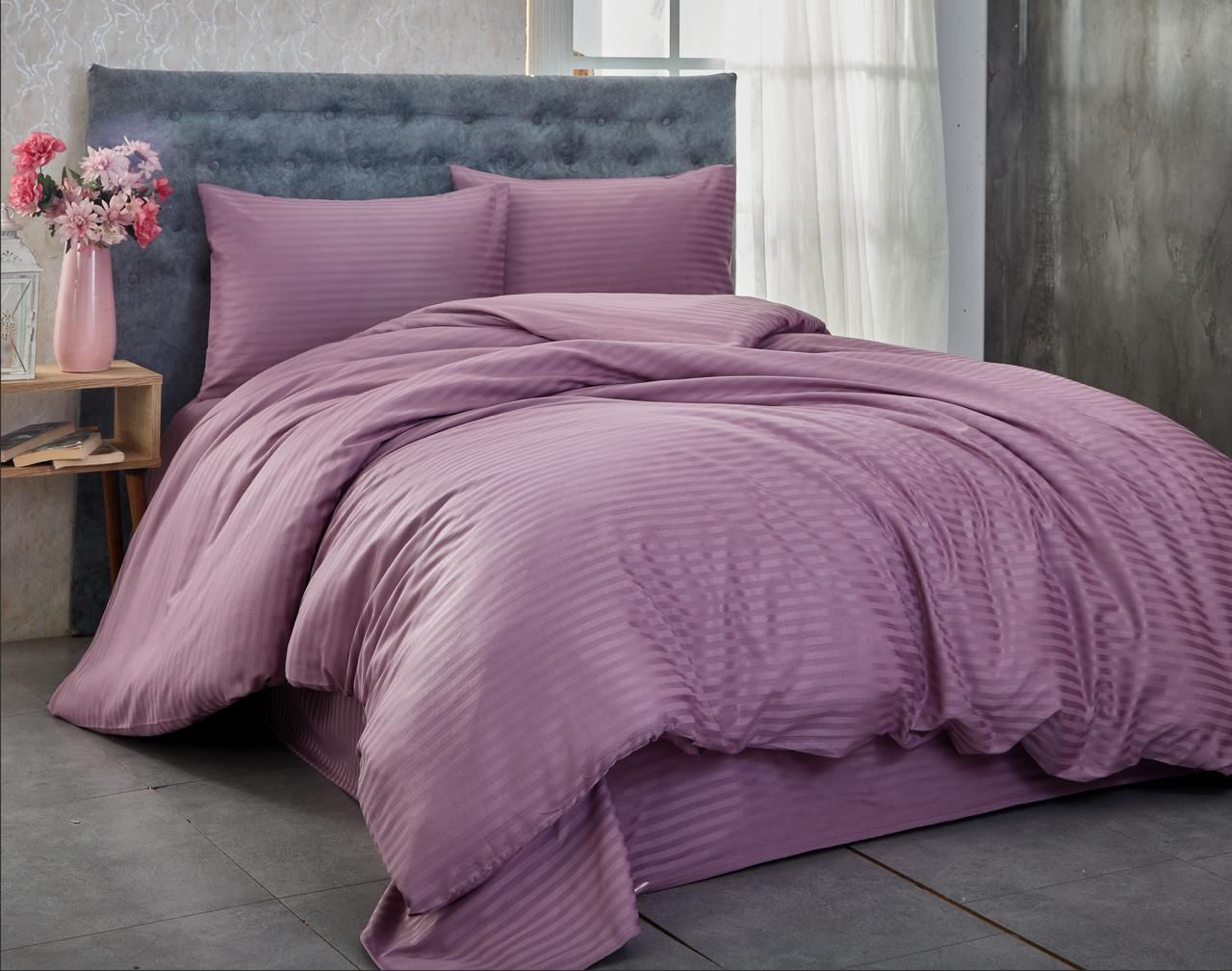 Çizgili Pamuk Saten Nevresim Takımı Çift Kişilik Mürdüm