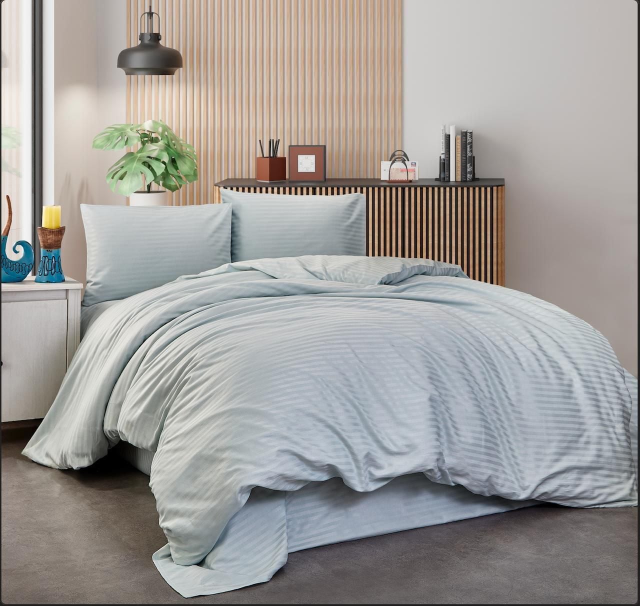 Çizgili Pamuk Saten Nevresim Takımı Çift Kişilik Mint Yeşil