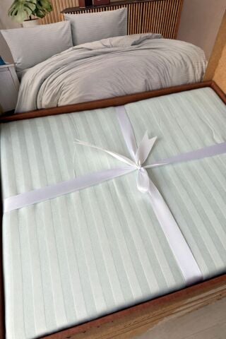Çizgili Pamuk Saten Nevresim Takımı Çift Kişilik Mint Yeşil