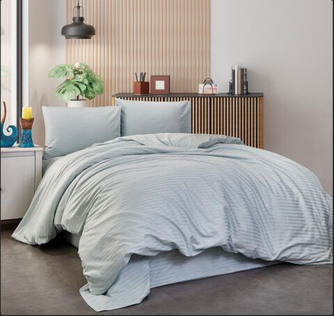 Çizgili Pamuk Saten Nevresim Takımı Çift Kişilik Mint Yeşil