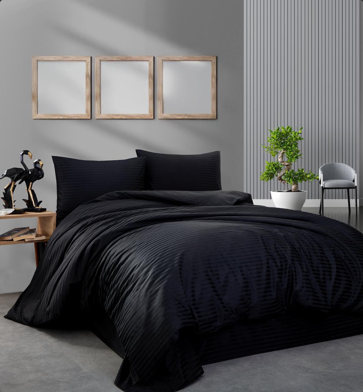 Çizgili Pamuk Saten Nevresim Takımı Çift Kişilik Siyah