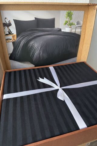 Çizgili Pamuk Saten Nevresim Takımı Çift Kişilik Siyah