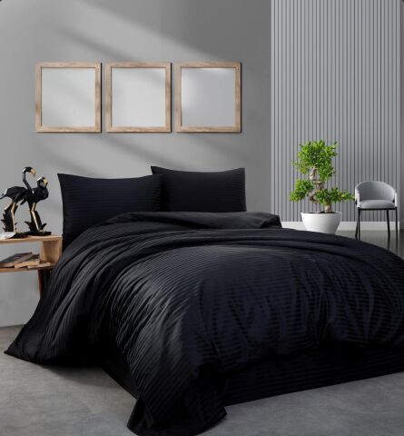 Çizgili Pamuk Saten Nevresim Takımı Çift Kişilik Siyah