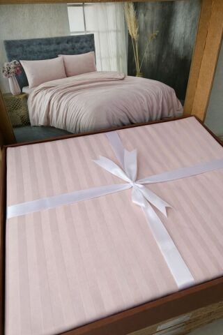 Çizgili Pamuk Saten Nevresim Takımı Çift Kişilik Toz Pembe