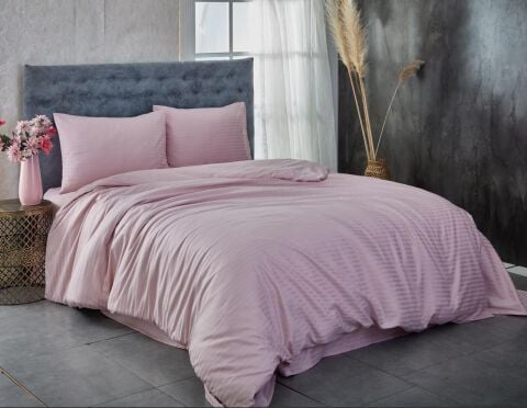 Çizgili Pamuk Saten Nevresim Takımı Çift Kişilik Toz Pembe