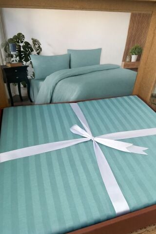 Çizgili Pamuk Saten Nevresim Takımı Çift Kişilik Turkuaz