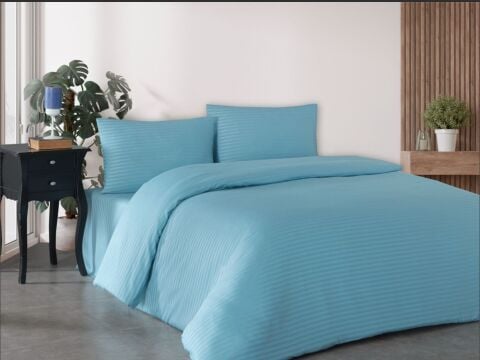 Çizgili Pamuk Saten Nevresim Takımı Çift Kişilik Turkuaz