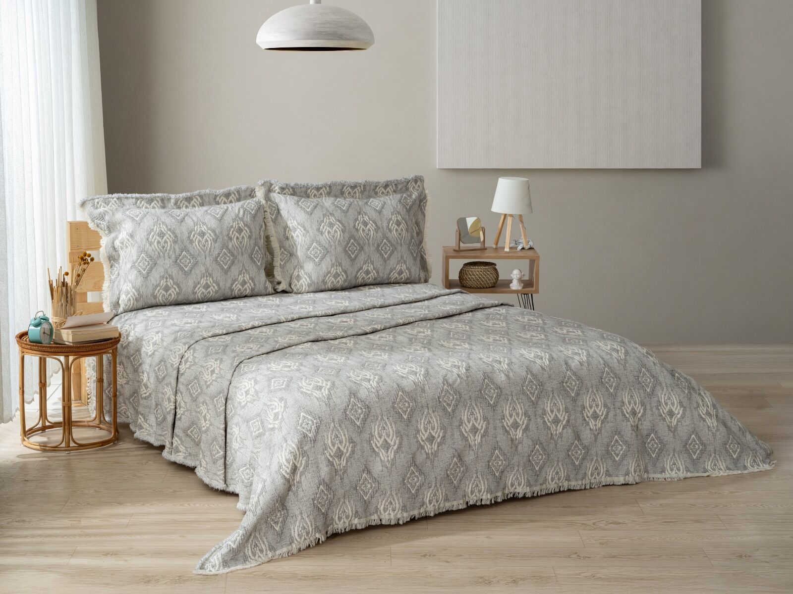 Battal Boy Jakarlı Müslin Yatak Örtüsü Seti Quell Gri