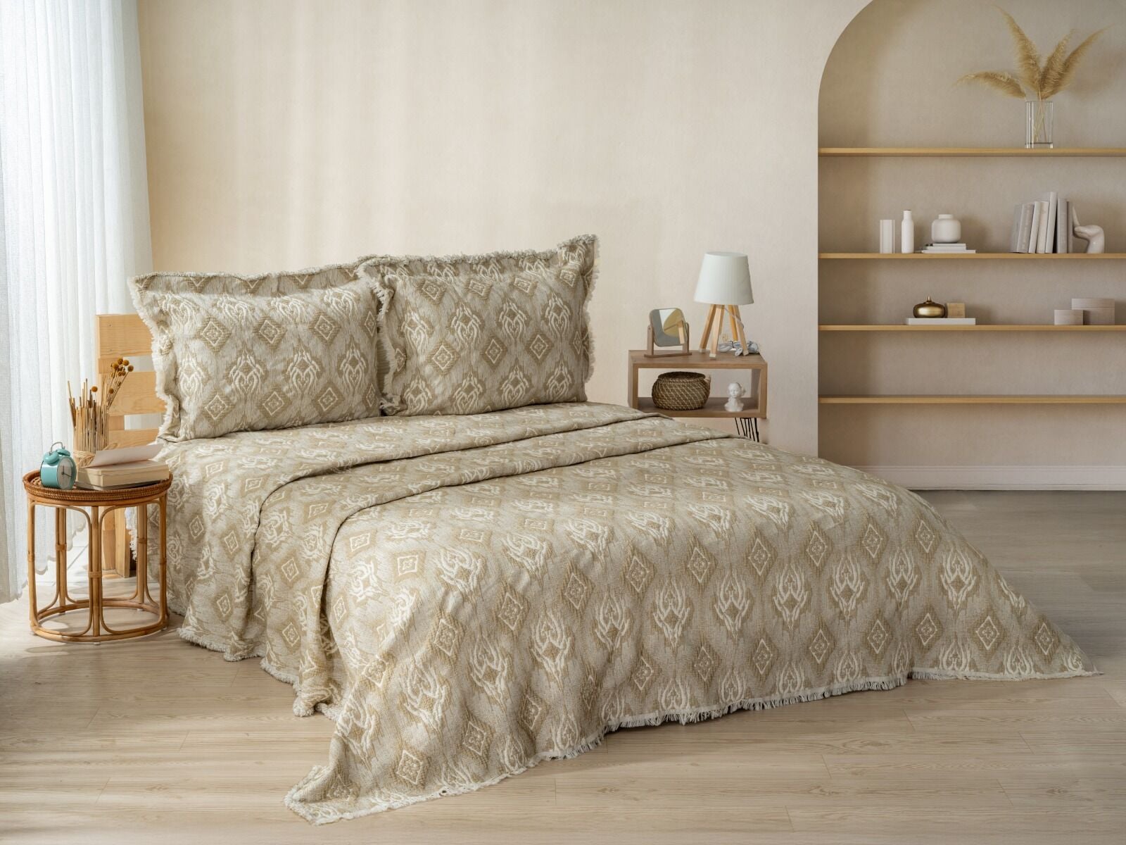 Battal Boy Jakarlı Müslin Yatak Örtüsü Seti Quell Hardal