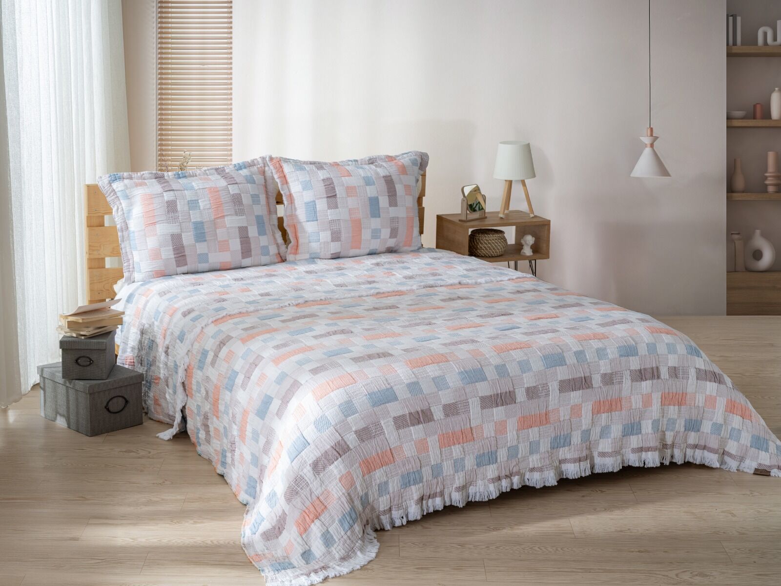 Battal Boy Jakarlı Müslin Yatak Örtüsü Seti Capella Turkuaz