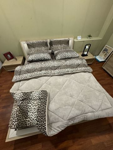 Çift Kişilik Welsoft Pufidik Uyku Seti Bej Leopar (Lastikli Çarşaflı)