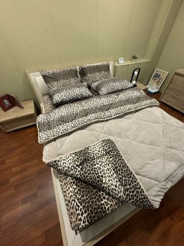 Çift Kişilik Welsoft Pufidik Uyku Seti Bej Leopar (Lastikli Çarşaflı)